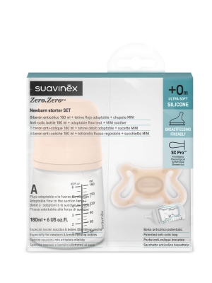Suavinex set newborn zero zero biberón anticólico + tetina + chupete mini
