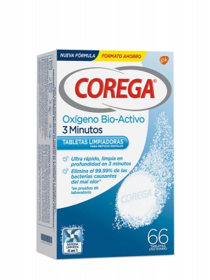 Corega oxigeno bio-activo 3 minutos limpieza prótesis dental 66 tabletas