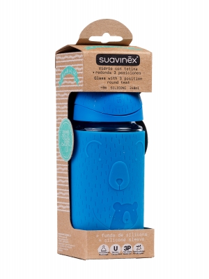 Biberón de vidrio suavinex 240ml con tetina y funda de silicona.