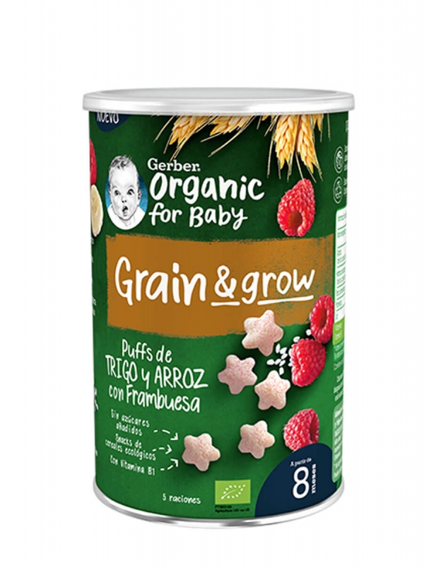 Nestlé gerber puffs orgánico trigo y arroz con frambuesa 35 gr