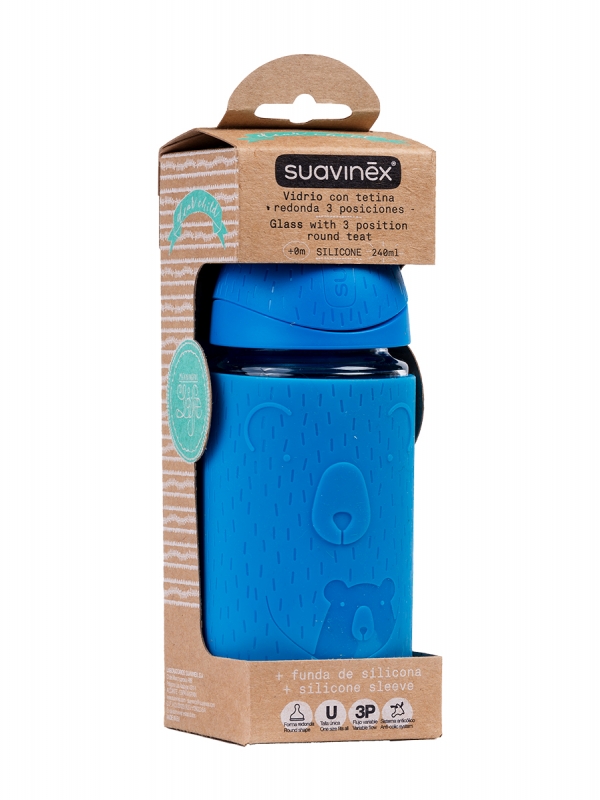 Biberón de vidrio suavinex 240ml con tetina y funda de silicona.